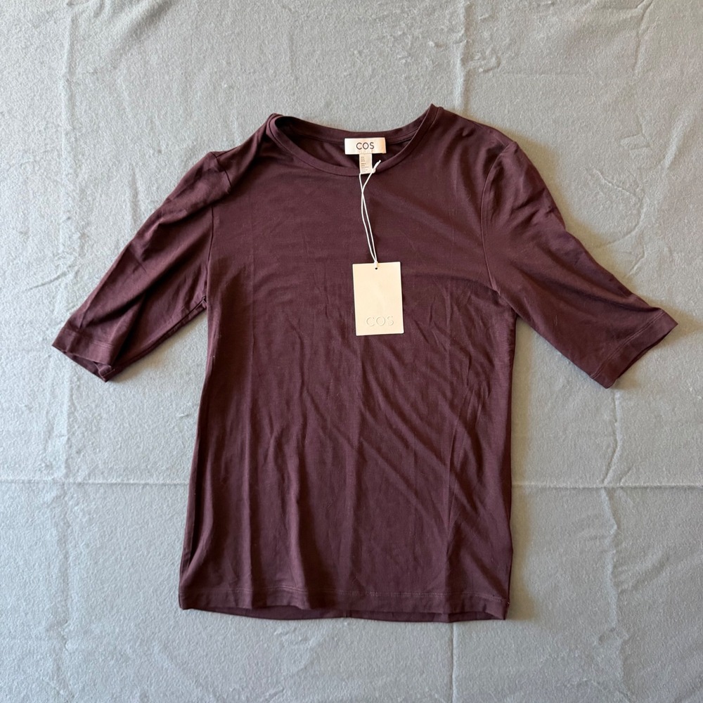 COS Eggplant Purple Wool Blend Elbow Sleeve Slim Fit T-Shirt Size M NWT
